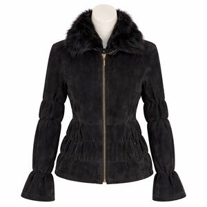 Hide Society Black Sheepskin Fur Trim Full Zip Jacket | High End Luxury Size 10